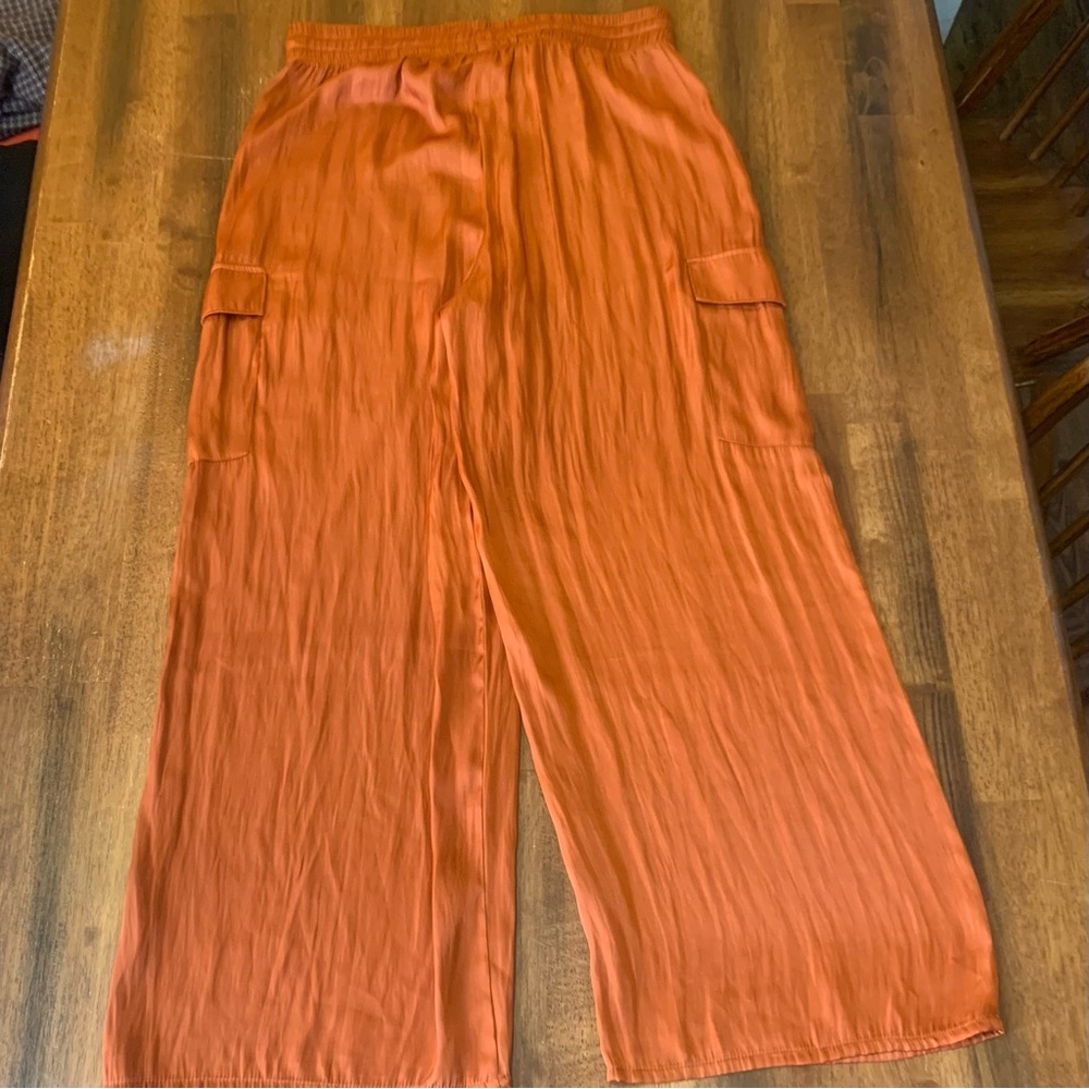 Rachel Zoe Trousers Medium Rust Orange Wide Leg Pants Cargo Pockets Drawstring - Picture 6 of 7